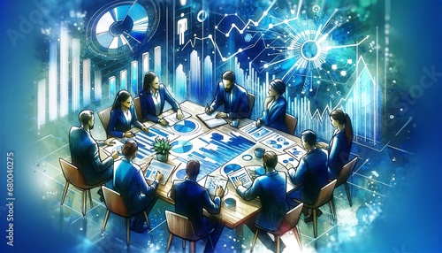 An artistic rendering of a financial planning session, with individuals discussing over charts and graphs