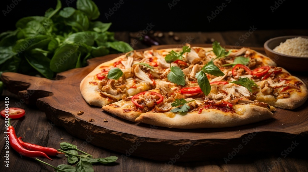 Thai Chicken Pizza presented on a rustic wooden pizza peel, adding a touch of authenticity to the image.