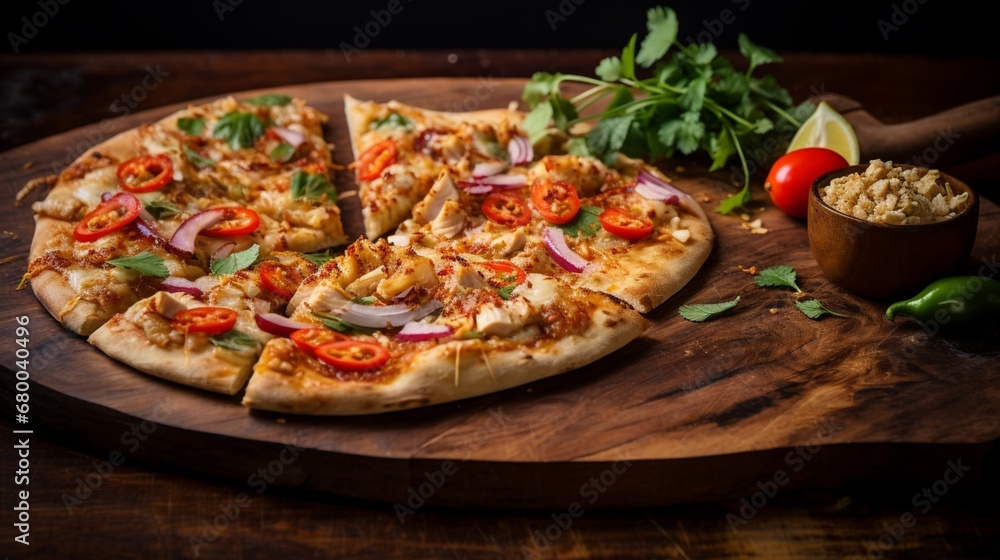 Thai Chicken Pizza presented on a rustic wooden pizza peel, adding a touch of authenticity to the image.