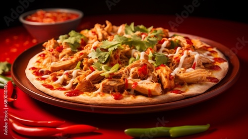 Thai Chicken Pizza on a vibrant red plate, with creative lighting enhancing its appetizing appearance.