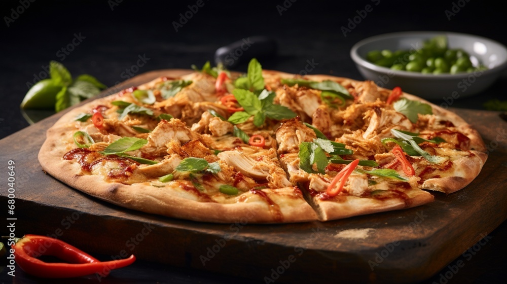 Thai Chicken Pizza presented on a marble countertop, incorporating elements of luxury and elegance into the visual narrative.