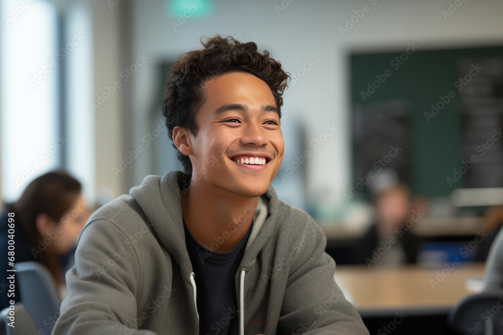 happy guy A student sits in a university auditorium. University concept. Studies, masters, specialists, students. happy guy A student sits in a university auditorium. University concept. Studies, masters, specialists, students.