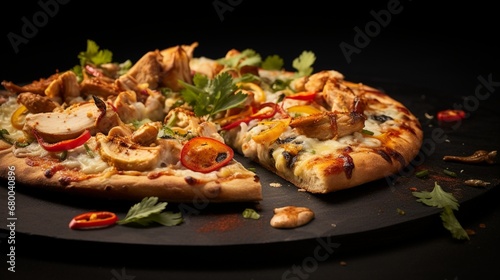 Thai Chicken Pizza served on a black granite surface with dramatic lighting, creating a high-contrast and visually impactful image.