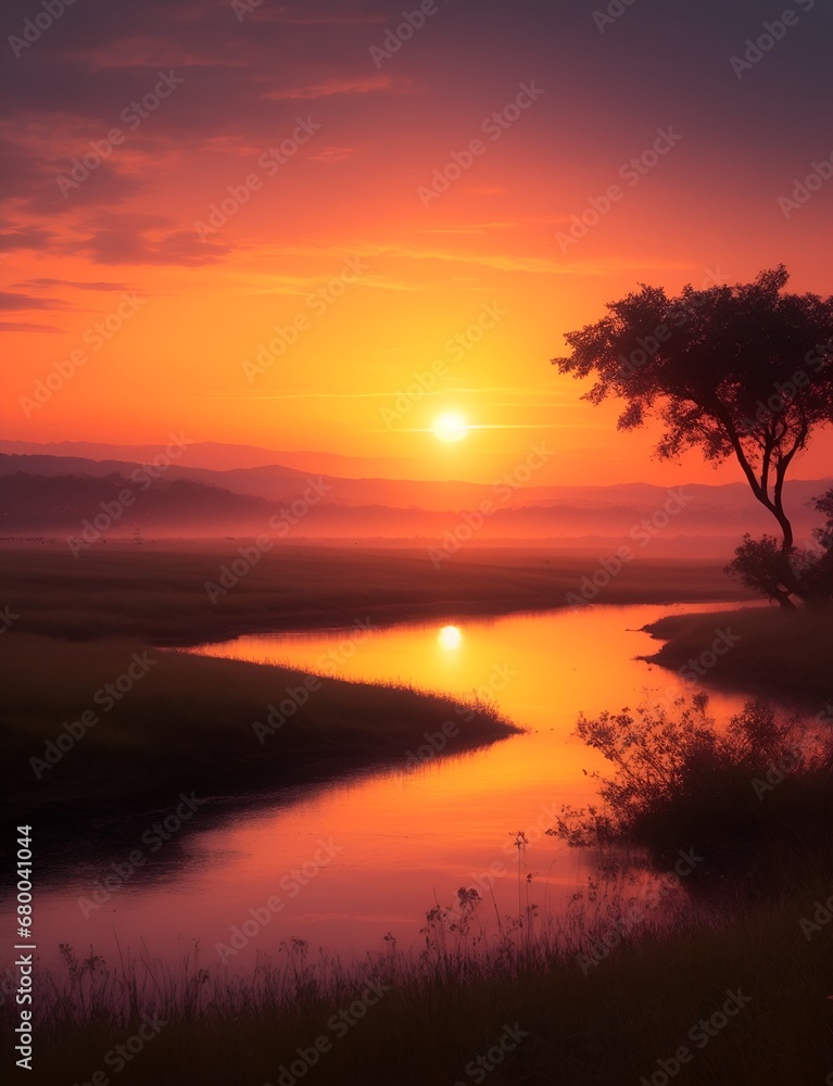 Calm Natural Beauty, A Serene Sunset Landscape View