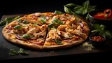 Thai Chicken Pizza served on a black granite surface with dramatic lighting, creating a high-contrast and visually impactful image.