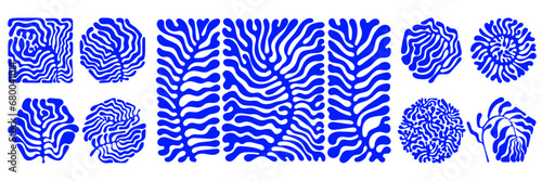Abstract plant set. Modern art style. Botanic vector illustration in blue color. Matisse plants style in art. Vector design. Set of coral branches in retro boho style