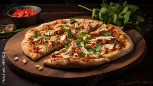 Thai Chicken Pizza served on a wooden tray, with a hint of smoke adding a rustic and authentic touch.