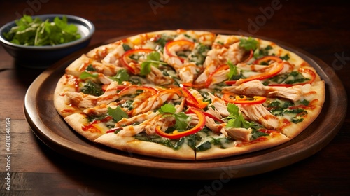 Thai Chicken Pizza served on a vibrant, patterned plate, adding a pop of color to the composition.