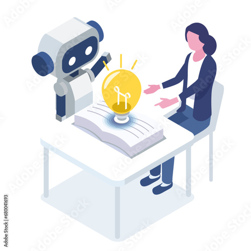 isometric vector illustration of  business lightbulb idea concept with Artificial intelligence AI robot