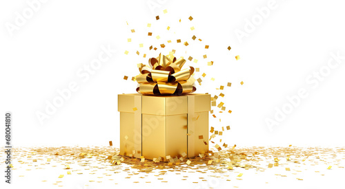 Golden gift box with confetti, cut out © Yeti Studio