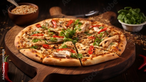 Thai Chicken Pizza served on a wooden tray  with a hint of smoke adding a rustic and authentic touch.