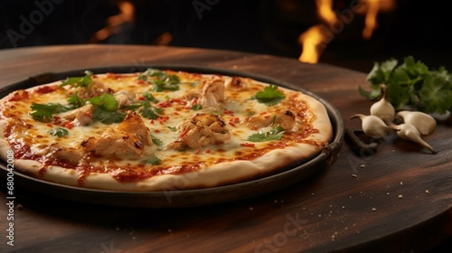 Thai Chicken Pizza served on a wooden pizza peel, with steam rising from the hot, freshly baked crust.