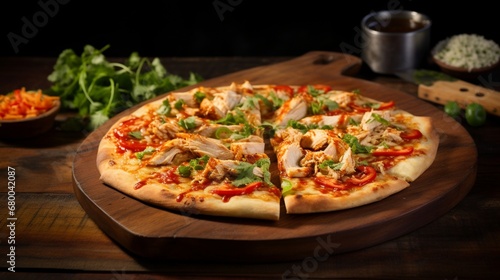 Thai Chicken Pizza served on a rustic wooden board with a drizzle of Sriracha sauce, adding a spicy and dynamic element.