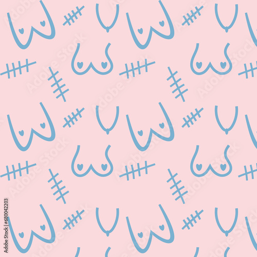 doodle pattern consisting of drawn female breasts, breasts with scars and just scars instead of breasts that are blue after surgery, on a pink background