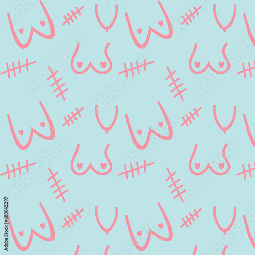 doodle pattern consisting of drawn female breasts, breasts with scars and just scars instead of pink breasts after surgery, on a blue background