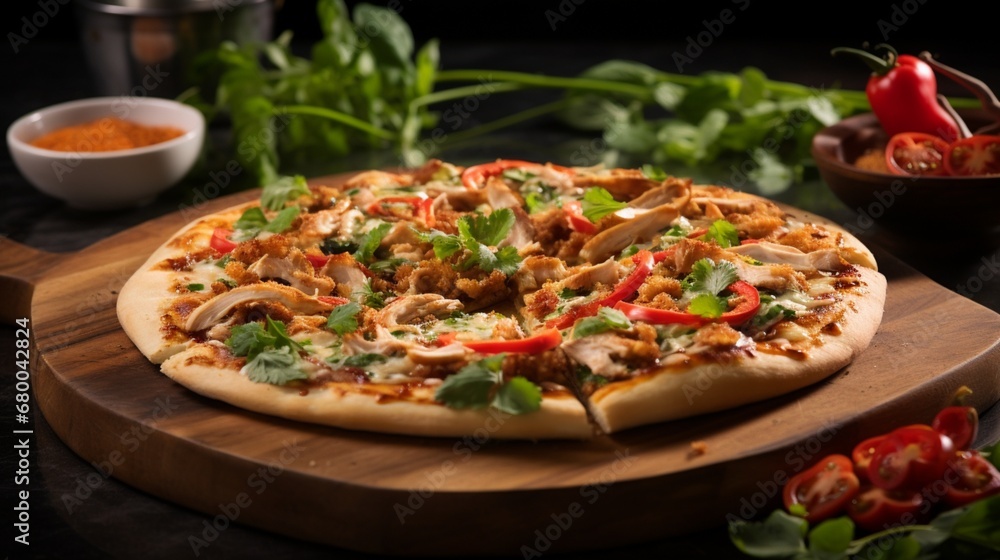 Thai Chicken Pizza with a blurred background of a bustling kitchen, capturing the essence of its preparation.