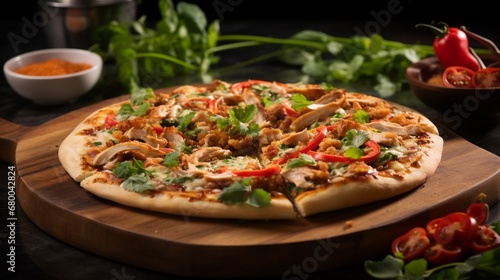 Thai Chicken Pizza with a blurred background of a bustling kitchen, capturing the essence of its preparation.