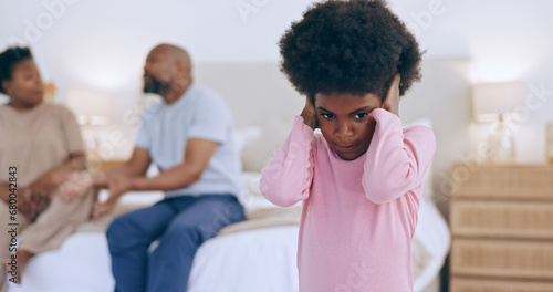 Scared kid, angry parents or divorce in fight or home bedroom with stress, black family conflict or breakup. Mother in argument, dad or girl child with fear, anxiety or trauma from emotional crisis photo