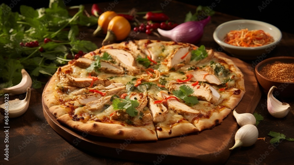 Thai Chicken Pizza with a creative arrangement of Thai herbs forming a border, adding authenticity and flavor to the image.