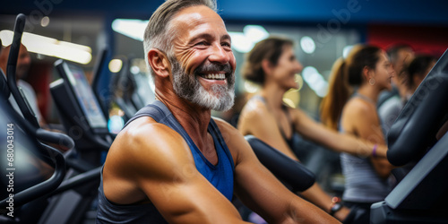 Portrait of smiling middle age muscular man in gym on simulator. Healthy lifestyle. sport concept