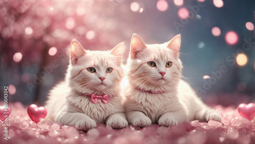 Two cute red kittens lying on a pink background of hearts. Valentine's day, wedding, anniversary romantic concept