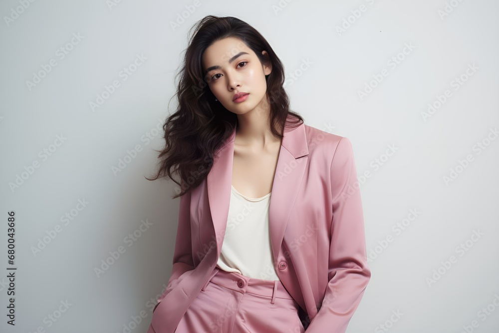 Portrait of a beautiful Japanese business woman posing in a pink suit. Generative AI. Portrait of a beautiful Japanese business woman posing in a pink suit. Generative AI.