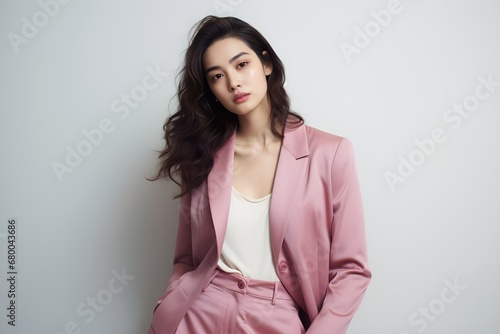 Portrait of a beautiful Japanese business woman posing in a pink suit. Generative AI.