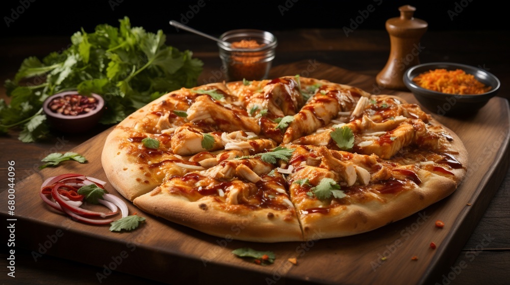 Thai Chicken Pizza with a drizzle of sweet and spicy sauce, creating a visually dynamic and flavorful image.