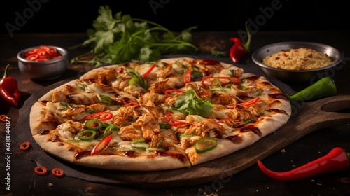 Thai Chicken Pizza with a drizzle of sweet and spicy sauce  creating a visually dynamic and flavorful image.