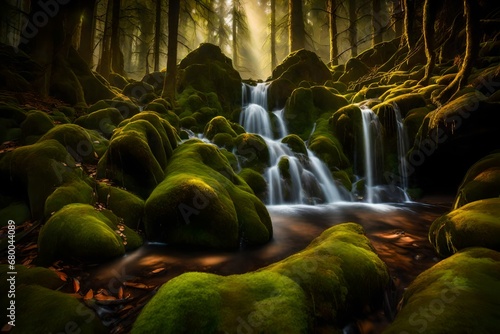 A hidden waterfall in a moss-covered forest  the rocks glistening in the soft light of the evening sun