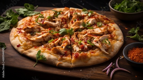 Thai Chicken Pizza with a drizzle of spicy Sriracha sauce, creating a visually dynamic and flavorful image.