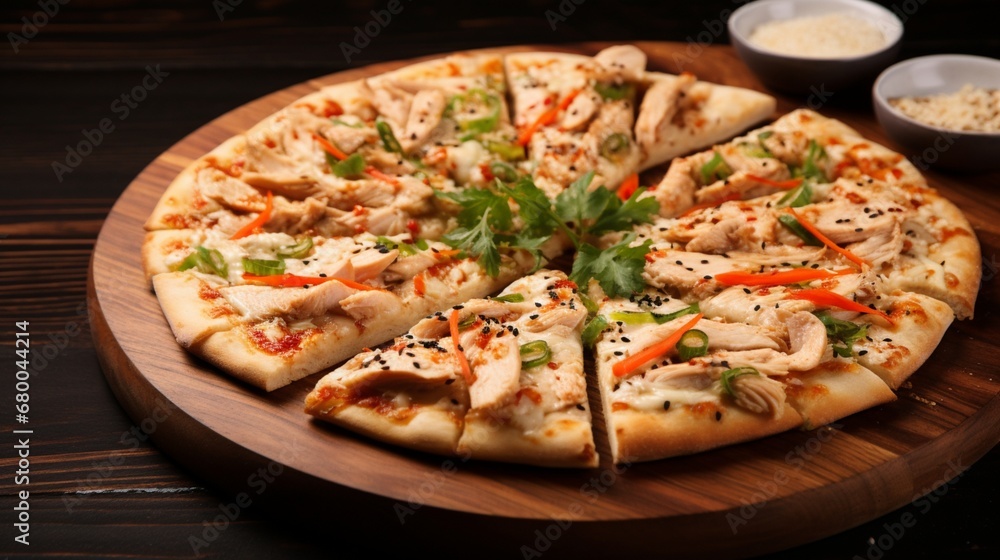 Thai Chicken Pizza with a sprinkle of sesame seeds, creating a visually interesting texture on its surface.
