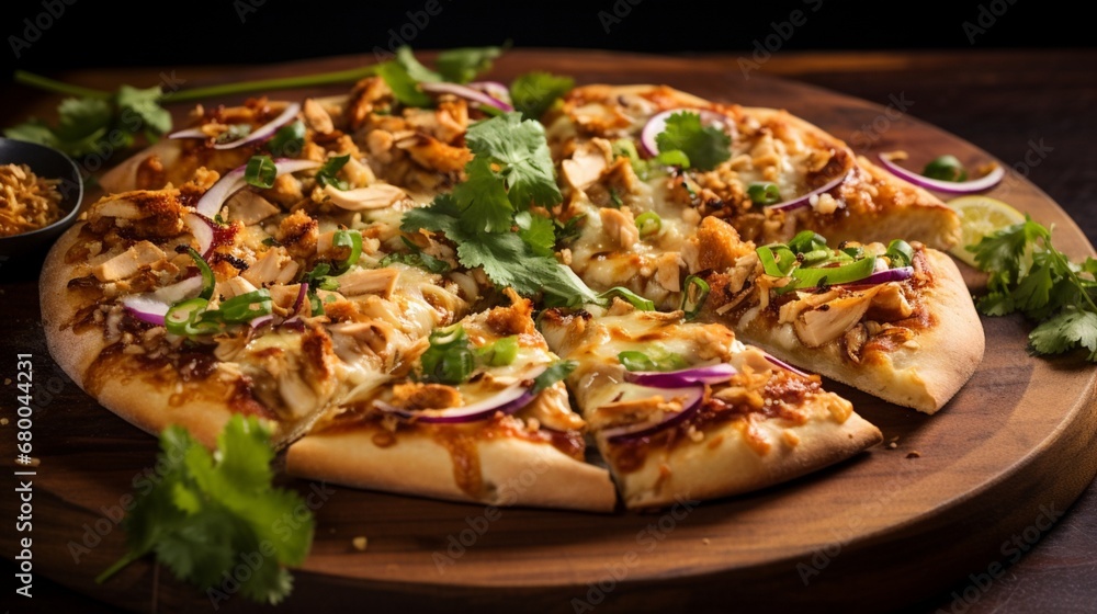 Thai Chicken Pizza with a sprinkle of crushed peanuts and fresh cilantro, adding a burst of flavor and texture to the image.
