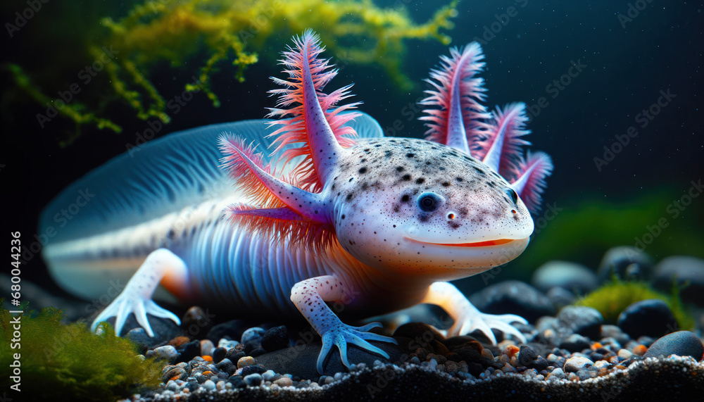 Horizontal photo of an axolotl in underwater habitat, showcasing unique