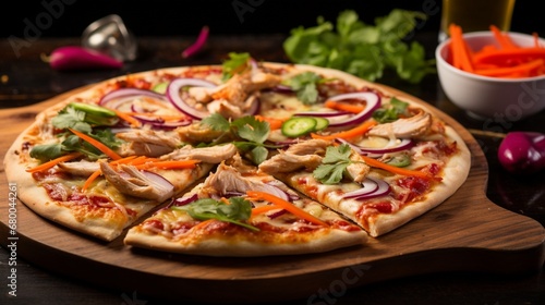 Thai Chicken Pizza with a side of pickled vegetables, adding a tangy and crunchy element to the image.