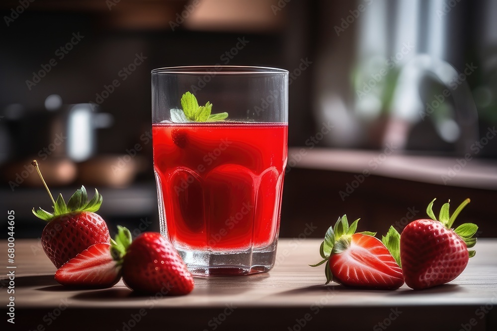 Strawberry juice in glass with fresh strawberries on table in kitchen Strawberry juice in glass with fresh strawberries on table in kitchen