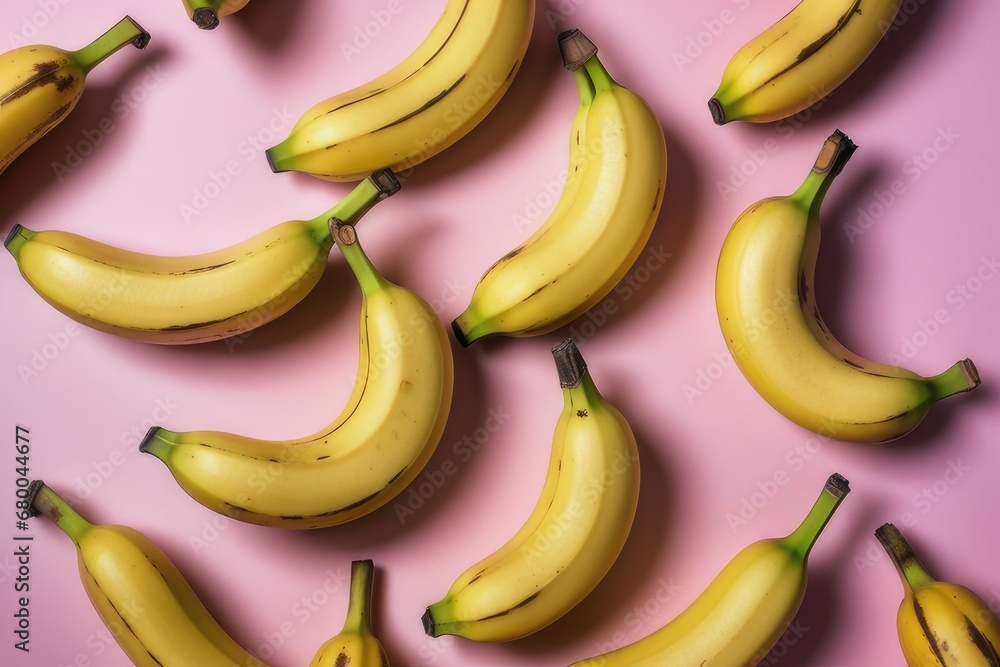 Bananas on a pink background. Flat lay, top view