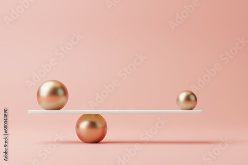 Small and big golden spheres balancing on minimalist style geometric scales against pastel pink background. Minimal Elegant illustration with copy space. Concept of harmony and balance. 3D rendering. photo