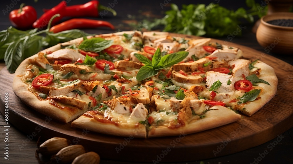 Thai Chicken Pizza with a variety of Thai herbs and spices scattered around, emphasizing its authentic flavors.
