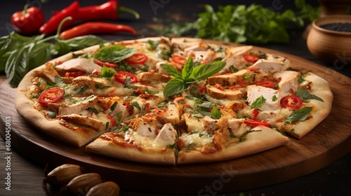 Thai Chicken Pizza with a variety of Thai herbs and spices scattered around, emphasizing its authentic flavors.