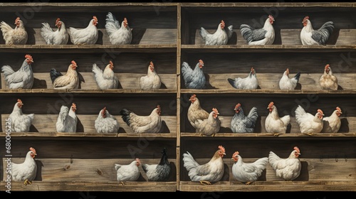 The mesmerizing symmetry of a row of nesting boxes, each occupied by a brooding hen, illustrating the routine of farm life.