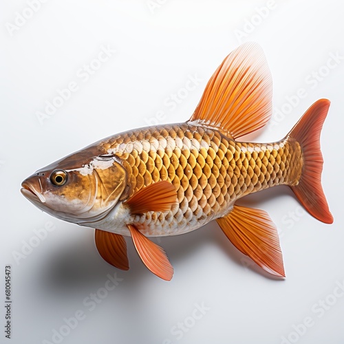 A lone goldfish swimming underwater against a stark white background, generative ai