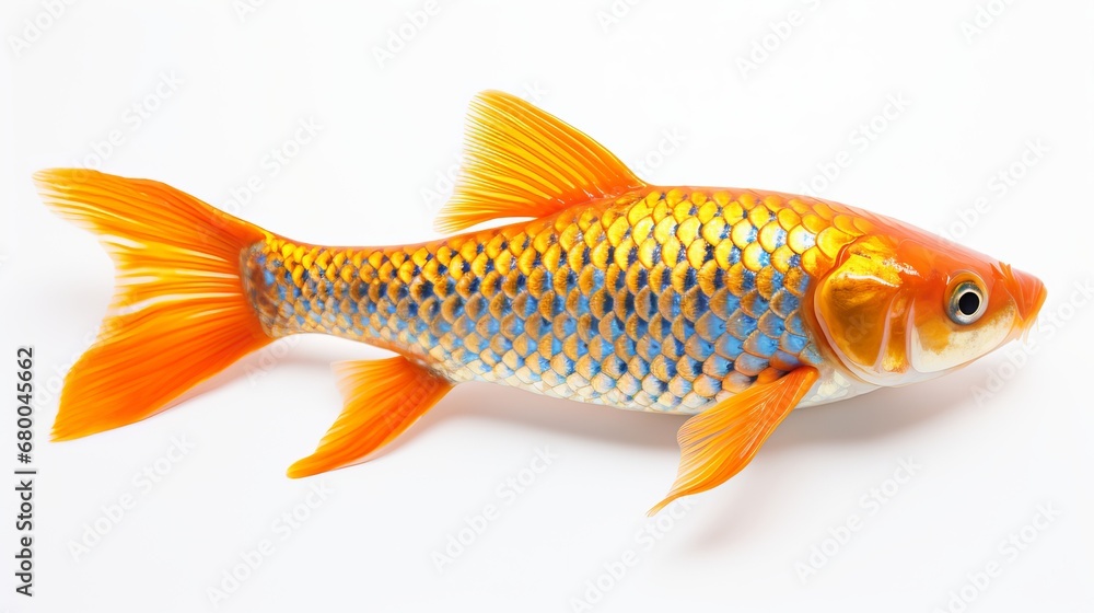 A lone goldfish swimming underwater against a stark white background, generative ai A lone goldfish swimming underwater against a stark white background, generative ai