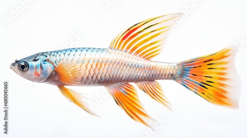 A lone goldfish swimming underwater against a stark white background, generative ai
