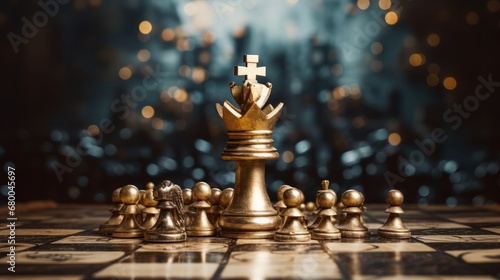 A portrayal of a chess king in its final stance as the ultimate victor. This concept represents the significance of strategic games and financial success. Ample copy space provided photo