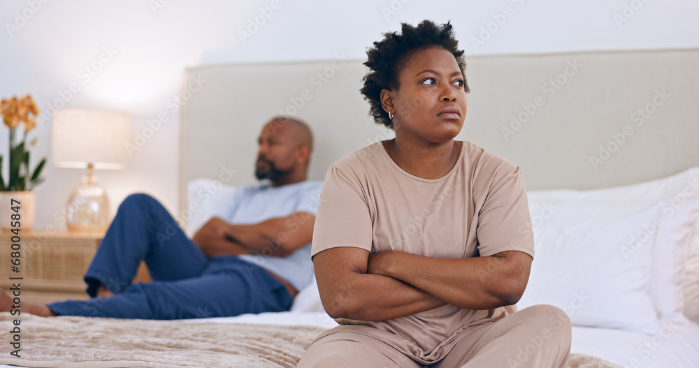 Frustrated black couple, ignore and bed in divorce, fight or conflict for argument or disagreement at home. African woman and man in bad marriage, toxic relationship or breakup in bedroom dispute - obrazy, fototapety, plakaty 