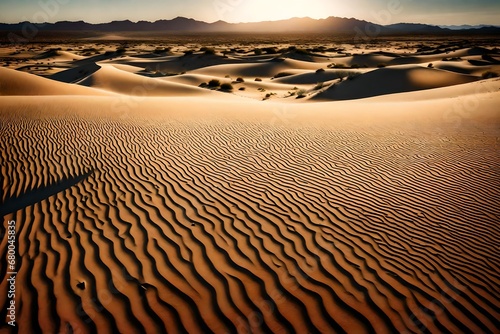 A serene desert landscape with sand dunes stretching as far as the eye can see, illuminated by the last light of day