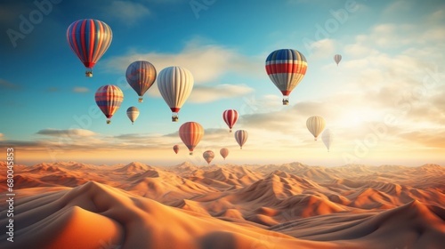 Symbolic representation of business competition and success illustrated by a fleet of hot air balloons vying for the top spot, with an individual leader outpacing others to win the race © Chingiz