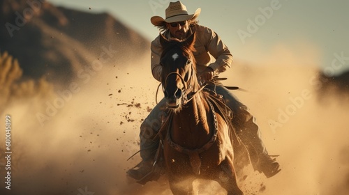 A cowboy's extraordinary horsemanship is on display as he guides his horse through an adrenaline-pumping routine.