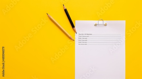 Preparing for an exam with a test paper placed on a yellow surface, top view with ample space for copy